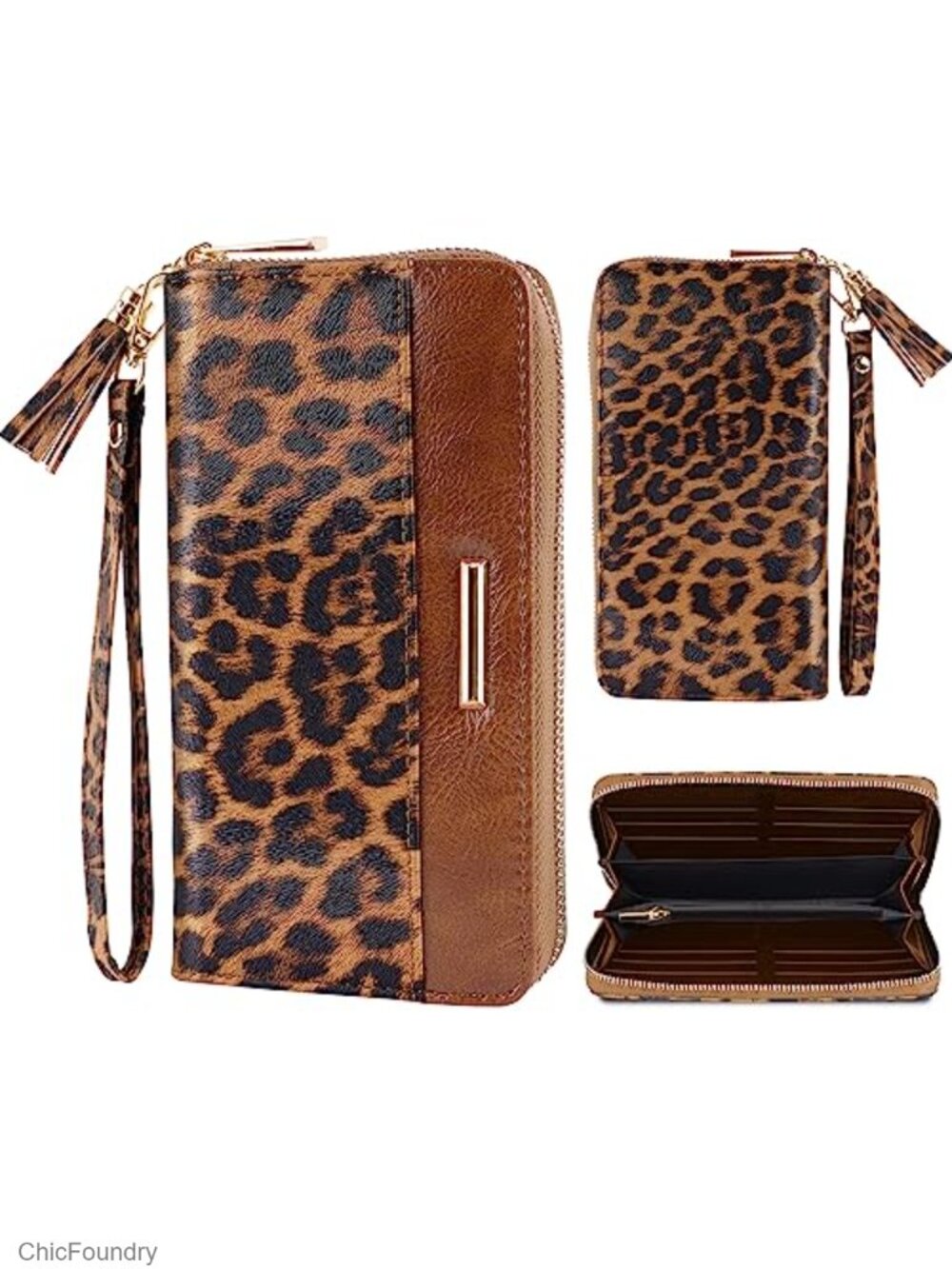 Leopard Print RFID Blocking Zip Around Wallet Vegan Leather Card Holder